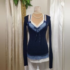 ♡ Y2K ♡ Hollister Navy Blue Cableknit Rabbit Hair V Neck Babydoll Sweater
